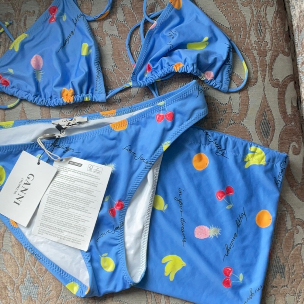 GANNI Blue Bikini Set with Fruit Print
